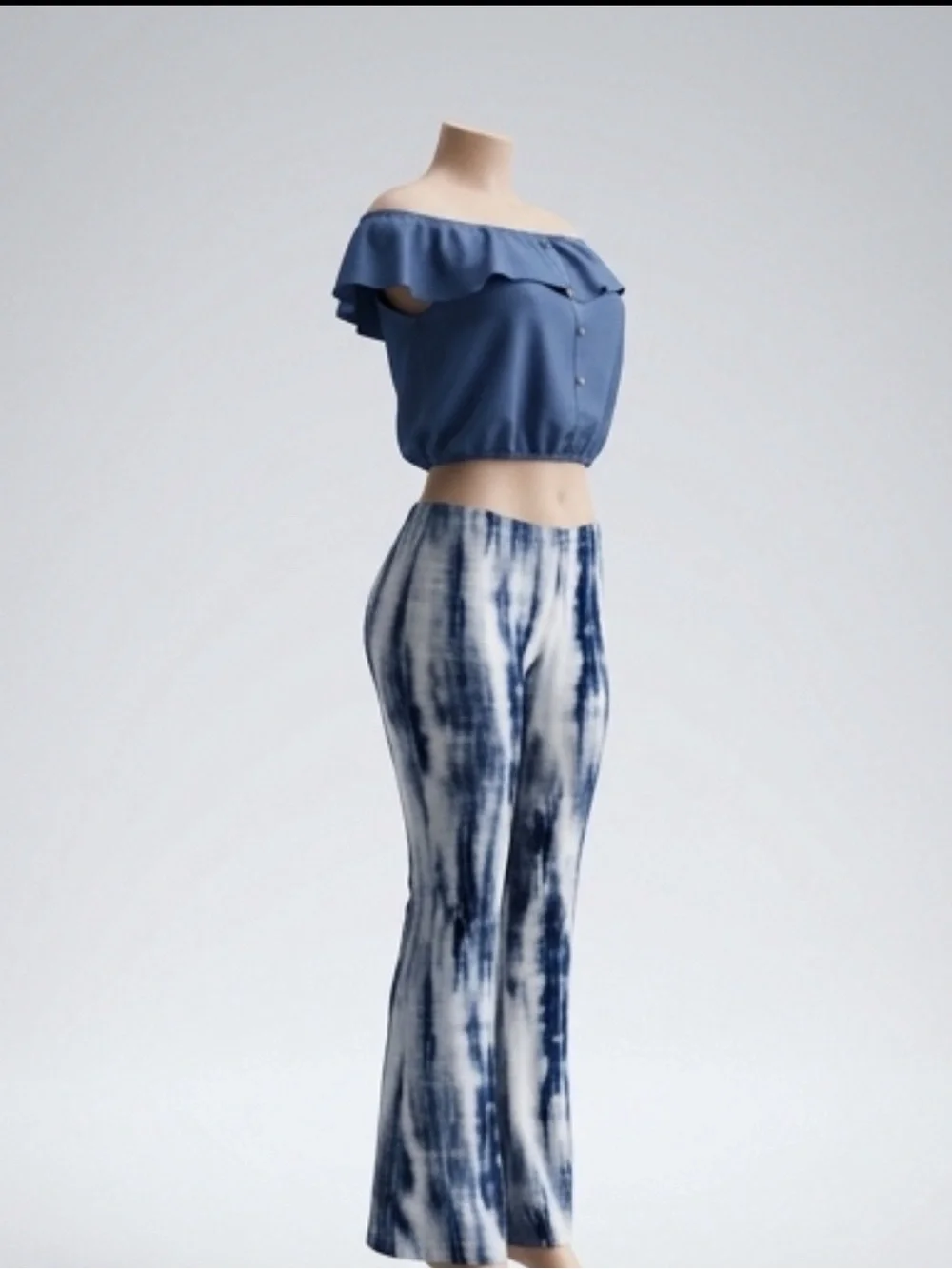 Blue Off-Shoulder Ruffled Crop Top with Tie-Dye Flare Pants